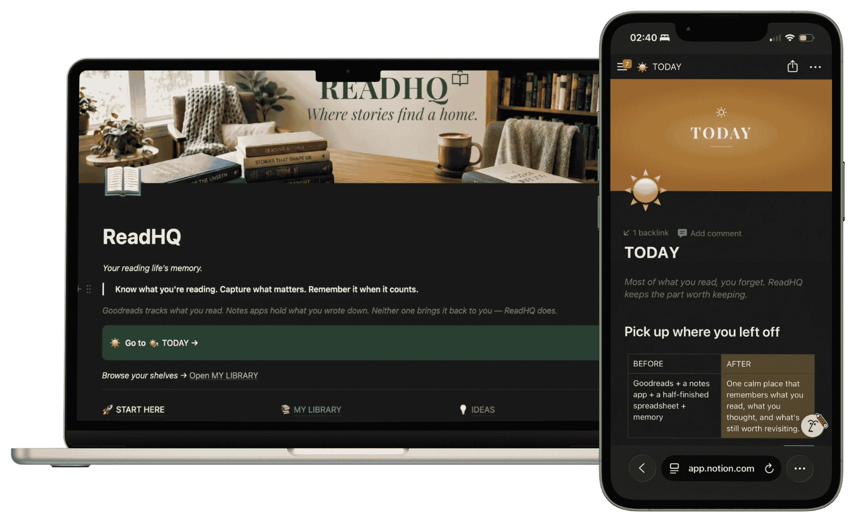 ReadHQ home system, with Today, My Library and Memory